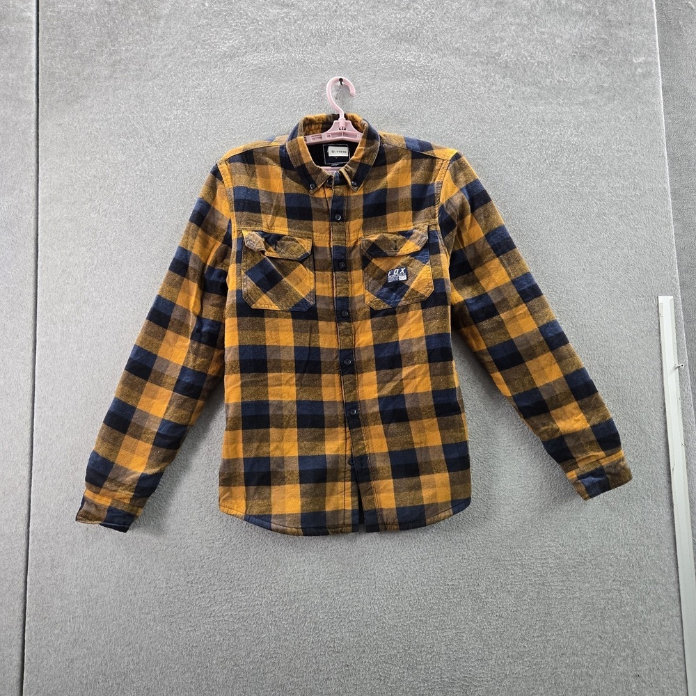 Fox Men Button‎ Up Shirt M Yellow Plaid Flannel Shacket Sherpa Lined Y2K Work